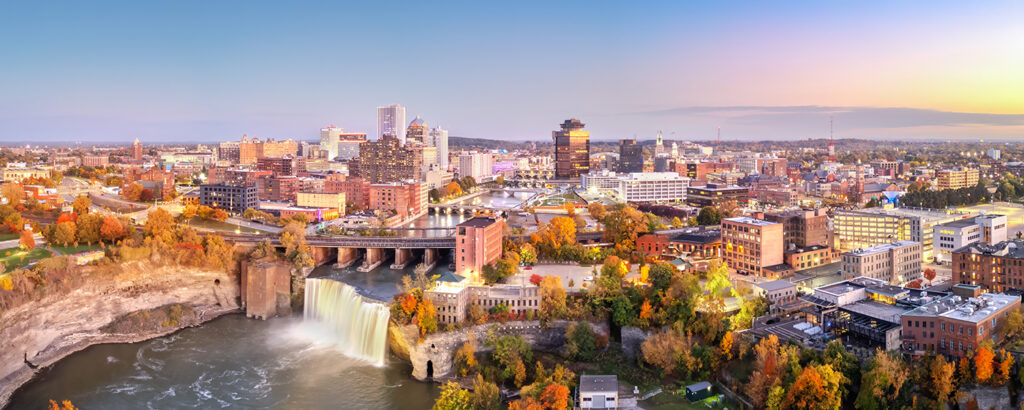 Rochester New York skyline along the Genesee River representing local property tax legal services